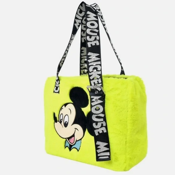 Mickey Mouse Tote Bag Fake Fur Neon Yellow Retro Disney Japan New - Picture 3 of 7